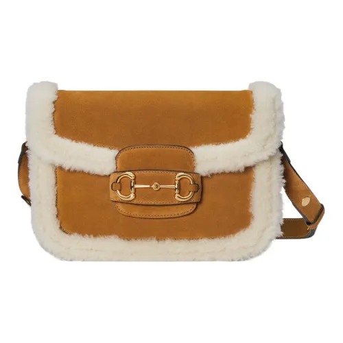 GUCCI Horsebit 1955 Замша с Овчина Сумка через плечо Сумка на плечо Женская Светло-коричневая