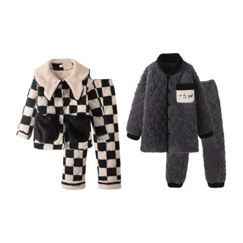 Chun Xi Пижамный комплект Унисекс Черный Белый Клетка Пасмурно-серый