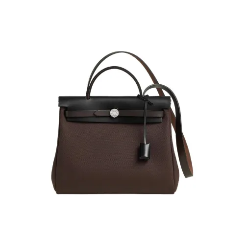 HERMES Herbag Zip Hunter Кожа с Цвет холста Сумка через плечо Сумка Женские Шоколад Черный