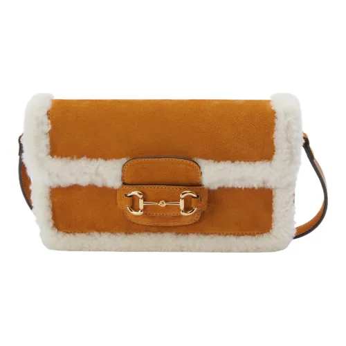 GUCCI Horsebit 1955 Замша с Овчина Сумка Сумка через плечо Женская Светло-Коричневая