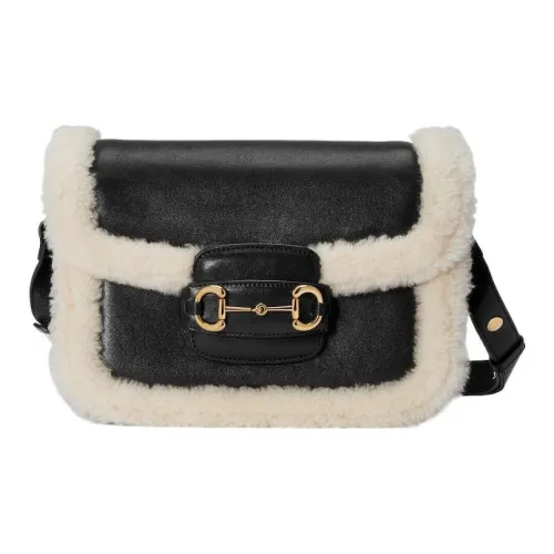 GUCCI Horsebit 1955 Гладкая кожа с овчиной сумка через плечо сумка на плечо женская черная