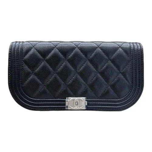 CHANEL Рельефный тисненый икорный коровий кожаный кошелек чехол для телефона клатч женский черный