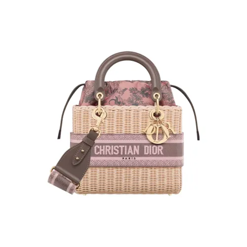DIOR Lady Dior Natural Wicker Ivy Cotton Canvas Crossbody Bag Shoulder Bag Medium Women's Pink Gray