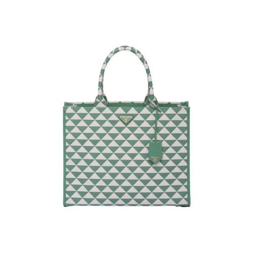 PRADA Symbole Ткань с кожаными вставками Тоут Сумка Сумка для покупок Сумка Большая Женская Шалфейно-зеленый и Мел Белый