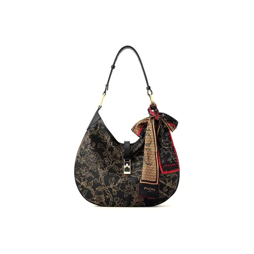 FION Ткань Путешественная Сумка Сумка через плечо Сумка среднего размера Женская Черный Золотой