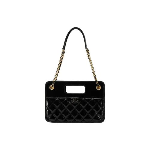 CHANEL 23P SS Лакированная кожа Телячья кожа Тоут Сумка Сумка для покупок Сумка через плечо Сумка Маленькая Женская Черная
