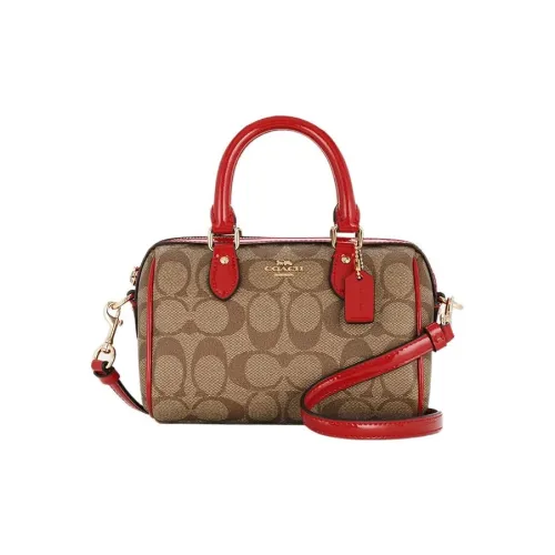 COACH Boxed ПВХ с кожей Бостон Сумка Сумка Сумка через плечо Маленькая Женская Коричневая и Красная