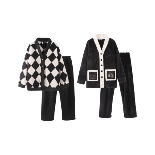 Chun Xi Пижамный комплект Унисекс Черный Белый Клетка Премиум Черный