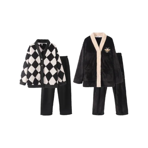 Chun Xi Пижамный комплект Унисекс Черный Белый Клетка Черная Пчелка