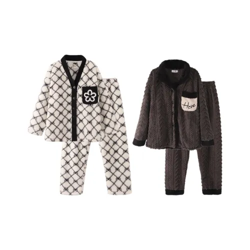 Chun Xi Pajama Комплект Унисекс Белый Клетка Темный Умбра