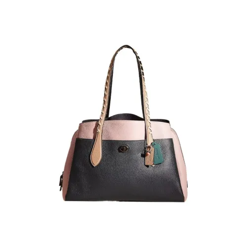 COACH Lora Полированная Галька Кожа Тоут Сумка Сумка для покупок Сумка Большая Женская Черная и Розовая