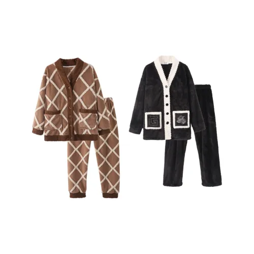 Chun Xi Пижамный комплект Унисекс Белый Коричневый Клетка Премиум Черный