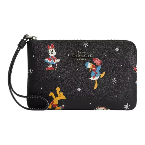 COACH Disney Corner Zip Холст и Кожа Запястье Сумка Клатч Кошелек Маленький Женский Черный