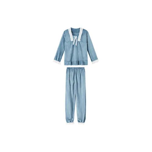 Сон Студенты Квартира Домашний Верхняя одежда Готовый Комплект пижам Женские Синий