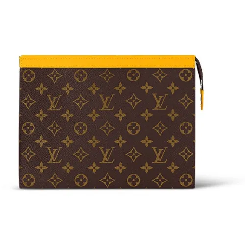 LOUIS VUITTON Pochette Voyage Монограмма Macassar Покрытый холст Туалетная сумка Клатч Средний Мужской Матовый Желтый