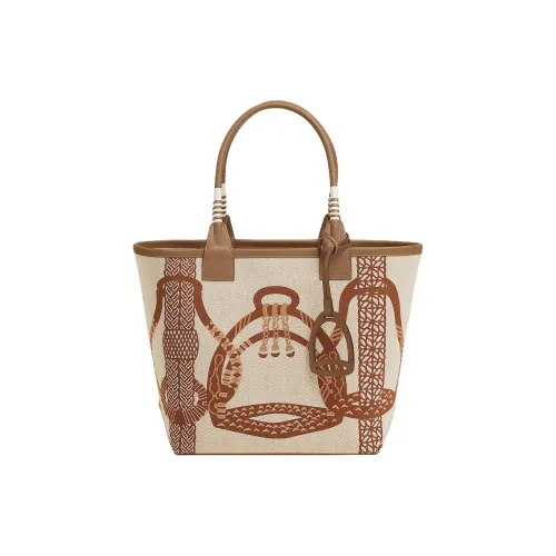 HERMES H Plume Холст Swift Телячья кожа Тоут Сумка Сумка для покупок Сумка Женская Каштановый Светлый Бежевый