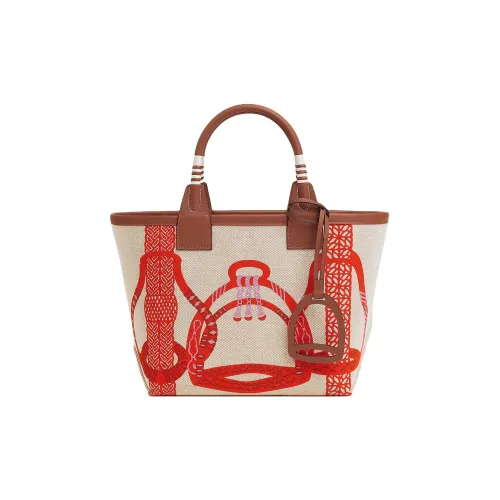 HERMES H Plume Холст Swift Телячья кожа Тоут Сумка Сумка для покупок Сумка Женская Оранжевый Красный Светлый Бежевый