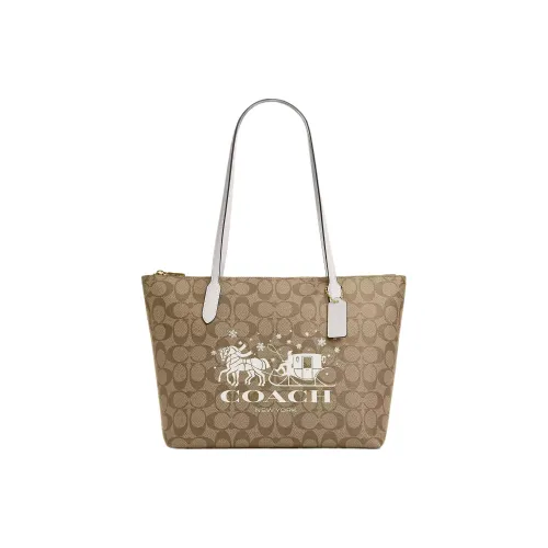 COACH Zip Top Tote Холст с покрытием и гладкая кожа Тоут Сумка Сумка для покупок Сумка на плечо Сумка Большая Женская Хаки