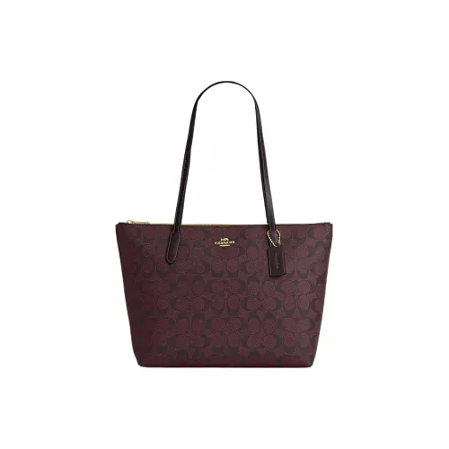 COACH Zip Top Tote Холст с кожей Тоут Сумка Сумка Сумка через плечо Сумка для покупок Средняя Женская Золотая и Темно-красная