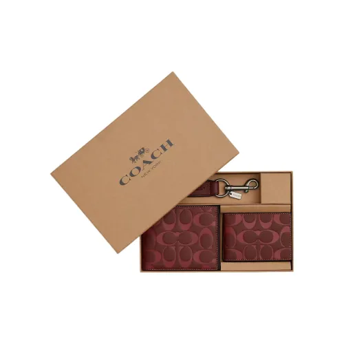 COACH 3 IN 1 Wallet Телячья кожа Монета Кошелек Кошелек Мини Унисекс Бронзовый Бордовый Многоцветный