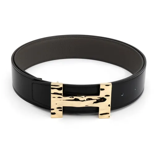 HERMES Quizz H2O Золотой Пряжка Коровья кожа Togo Двойной ремень из кожи Ширина 3,8 см Мужской Черный Умбра