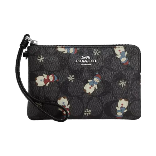 COACH Corner Zip Холст и Кожа Монетница Кошелек Маленький Женский Черный