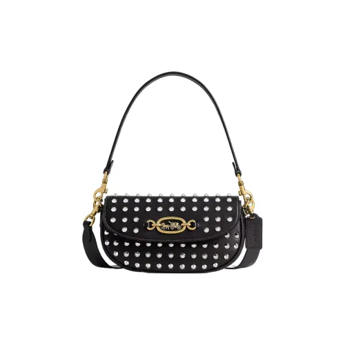COACH Zip Shoulder Bag Перчаточная дубленая кожа Седло Сумка Сумка через плечо Средняя Женская Черная