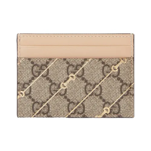 GUCCI Horsebit Застежка Холст Кожа Держатель для карт Женские Бежевый и Эбеновое дерево