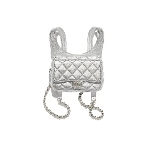 CHANEL Металл Текстура Овечья шкура Рюкзак Women's Silver