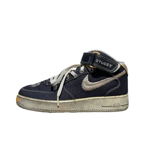 Stussy x Nike Air Force 1 Slip-Resistant Abrasion-Resistant MID Skateboarding Top Shoes Men's Dark Blue