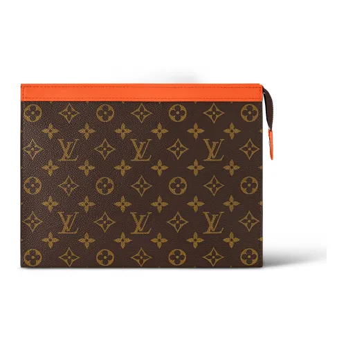LOUIS VUITTON Pochette Voyage Покрытый холст с коровья кожа клатч среднего размера мужской коричневый и апельсин