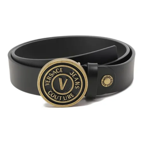 VERSACE JEANS COUTURE V Emblem Пряжки Винтаж Триммируемый Коровья кожа Ремни Мужской Черный Золотой 3,5 см