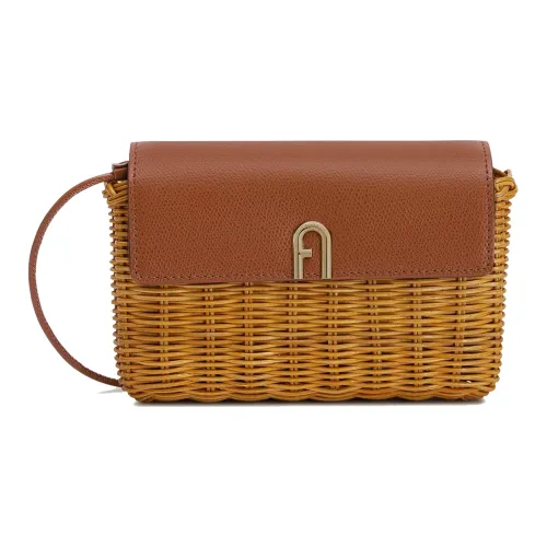 Furla Diamante Ткани вязаные Прутья ивы с текстурированной кожей Сумка через плечо Мини Женская Коньячный бренди