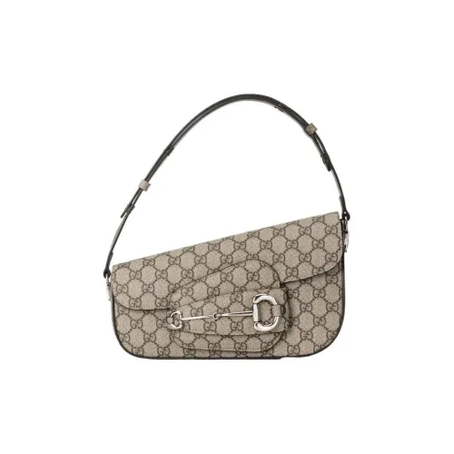 GUCCI Horsebit 1955 Холст и Кожа Переносная Холщовая Сумка Сумка через плечо Женская Бежевая и Эбеновая