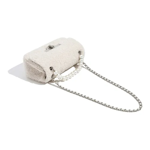 Miss Kung Шерсть Овечья шерсть Маленькая квадратная сумка Сумка с цепочкой Жемчужная сумка Сумка через плечо Сумка на плечо Обычная женская экрю