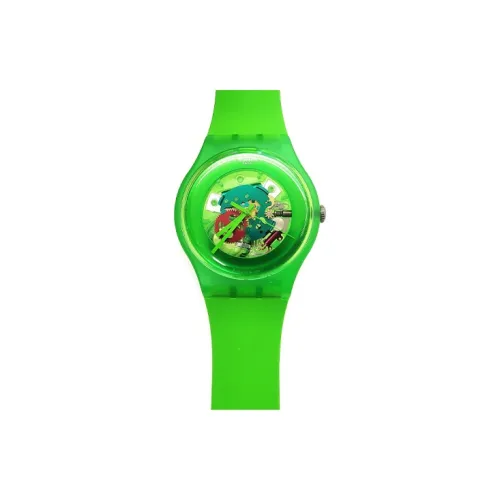 SWATCH Зеленый Лакированный Коллекция Кварцевый механизм Мужские часы Часы 42 мм Зеленый циферблат Пластиковый корпус Часы Силиконовый ремешок