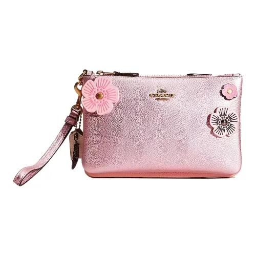 COACH Тройная Полированная Галька Кожа Сумка через плечо Запястье Сумка Клатч Маленький Женский Латунь Металлический Розовый