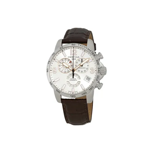 Certina Кварцевый механизм Мужские часы Часы 42 мм Белый циферблат Корпус из нержавеющей стали Кожаный ремешок
