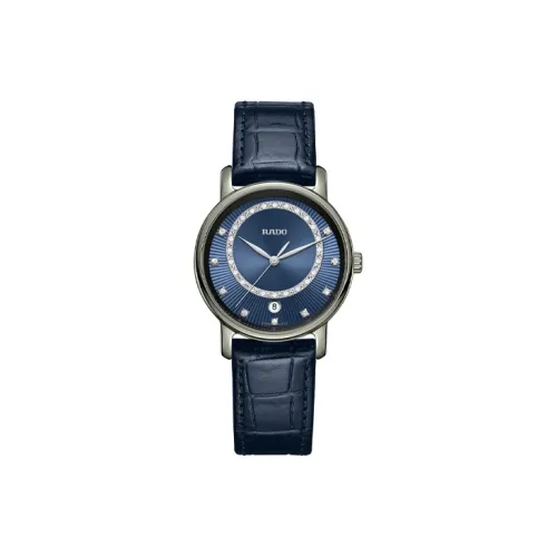 RADO Кварцевый механизм Женские часы 33 мм Синий циферблат Керамика Чехол для часов Кожаный ремешок