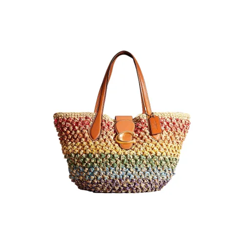 COACH Солома с гладкой кожей тоут сумка сумка для покупок сумка на плечо сумка маленькая женская латунь и многоцветная