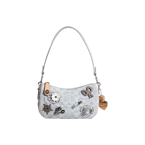 COACH Swinger Деним с Перчаточная дубленая кожа Сумка на плечо Сумка Сумка через плечо Маленькая Женская Серебряный Светло-синий