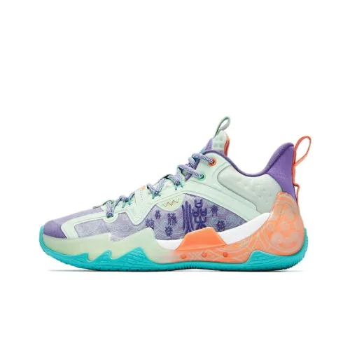 QIAODAN Shaanxi Museum Амортизаторы Slip-resistant MID Топ Баскетбольные кроссовки Мужской Цвет морской раковины Зеленый Shadow Фиолетовый