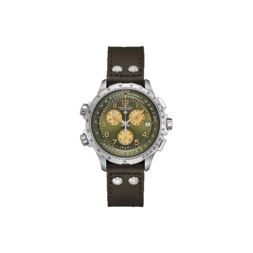 HAMILTON Quartz Механизм Мужские часы Часы 46 мм Зеленый циферблат Корпус из нержавеющей стали Ремешок из коровьей кожи