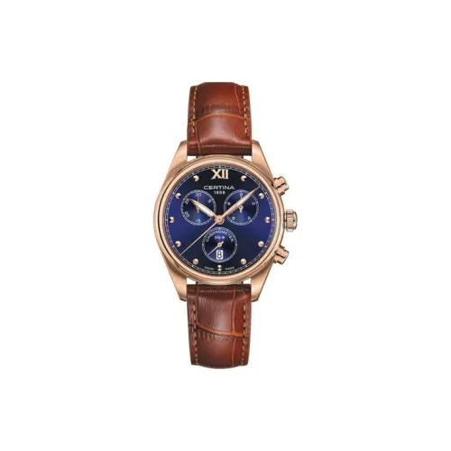 CERTINA DS 8 Collection Кварцевый механизм Женские часы 34,5 мм Синий циферблат Корпус из нержавеющей стали Ремешок из коровьей кожи