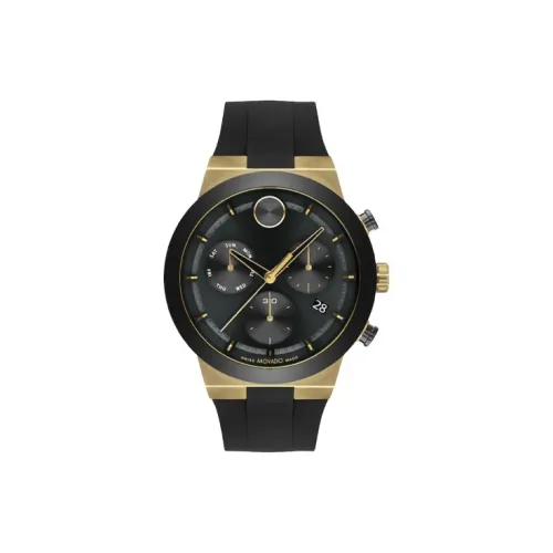 MOVADO Кварцевый механизм Мужские часы Часы 44,5 мм Черный циферблат Корпус из нержавеющей стали Силиконовый ремешок