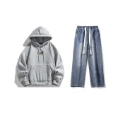 Комплект одежды (Свитшот серого цвета Фотиния + Темно-синие джинсы с эффектом вымытого ткани) (На флисовой подкладке)