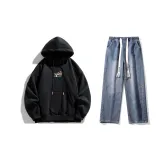 Комплект одежды (Черный свитшот + Темно-синие джинсы с эффектом вымытого ткани) (На флисовой подкладке)