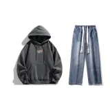 Комплект одежды (Темно-серый свитшот + Темно-синие джинсы с эффектом вымытого цвета) (На флисовой подкладке)