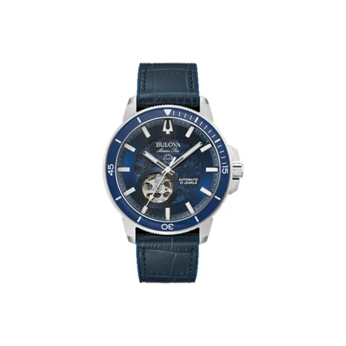 BULOVA Мужские часы Автоматический механический механизм Кожаный ремешок 45 мм Синий циферблат