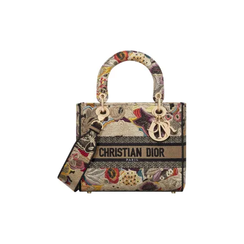 DIOR LADY D Лайт Вышивка Сумка Lady Dior Сумка через плечо Сумка среднего размера Женская Бежевая и Многоцветная